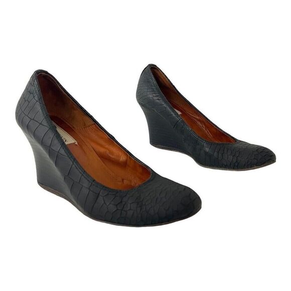 Lanvin Womens Size 38 US 7 Black Textured Python Wedge Pumps - Picture 1 of 7